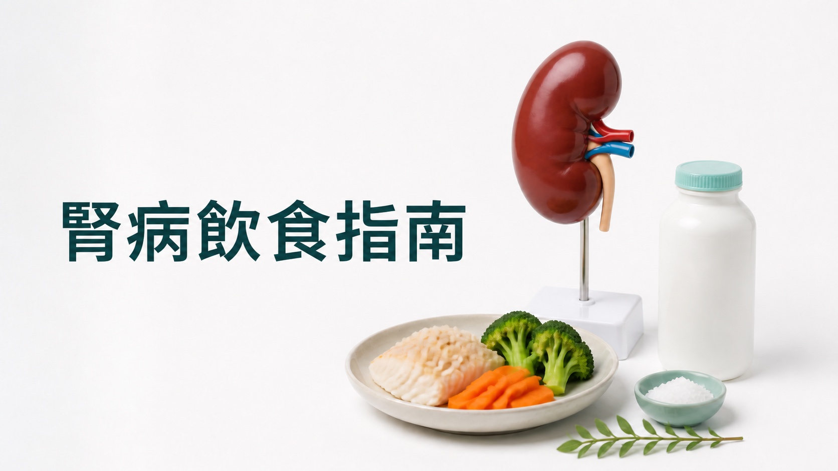 腎病飲食指南:白底上的腎臟模型、營養瓶及均衡餐盤